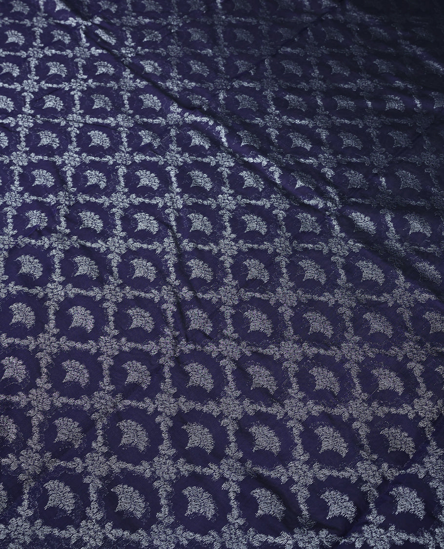 Persian Blue Colour Semi Banarasi Saree having Silver Jaal Worked Body and Blouse without Border