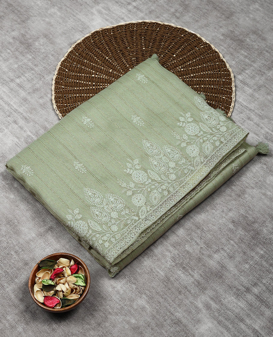Light Green Colour Organza Saree having Thread Worked Body with Border and Contrast Blouse