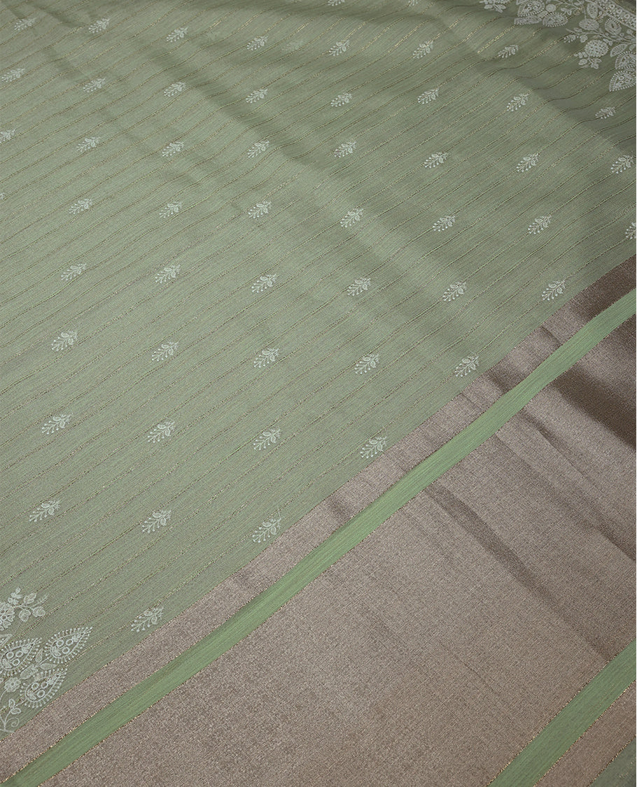 Light Green Colour Organza Saree having Thread Worked Body with Border and Contrast Blouse