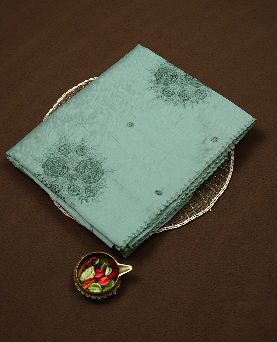 Light Aqua Green Colour Semi Tusser Saree having Thread Cut Worked Body and Plain Blouse without Border