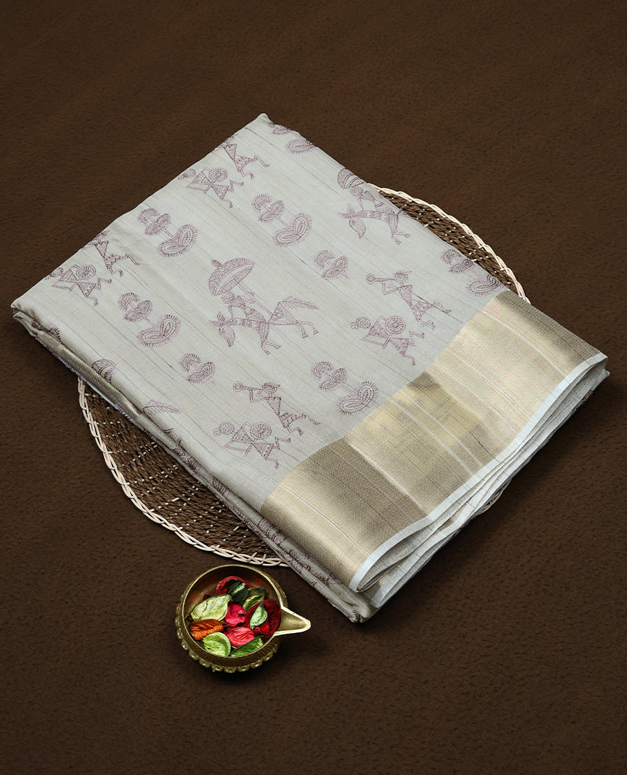 Beige Colour Semi Tusser Saree having Thread Worked Body with Border and Blouse