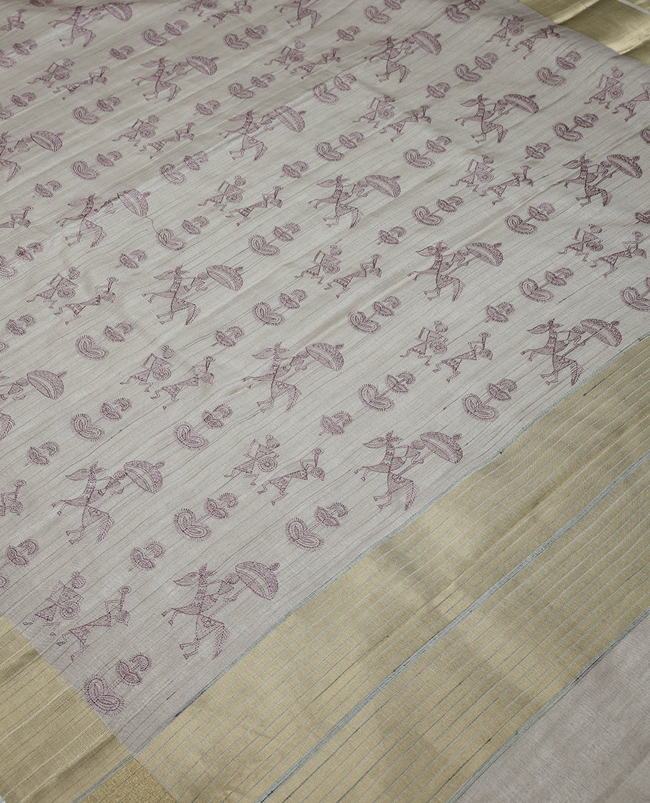 Beige Colour Semi Tusser Saree having Thread Worked Body with Border and Blouse