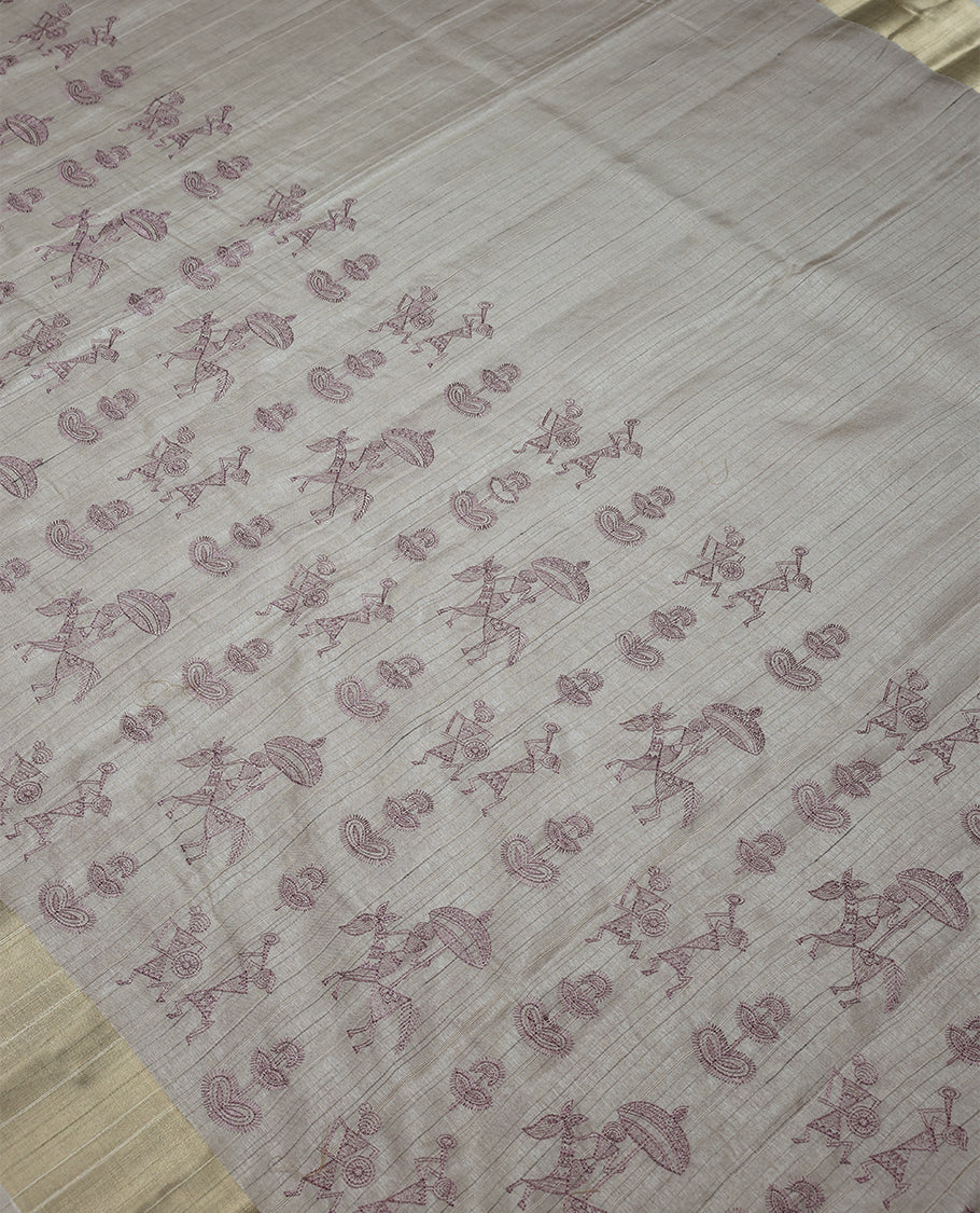 Beige Colour Semi Tusser Saree having Thread Worked Body with Border and Blouse