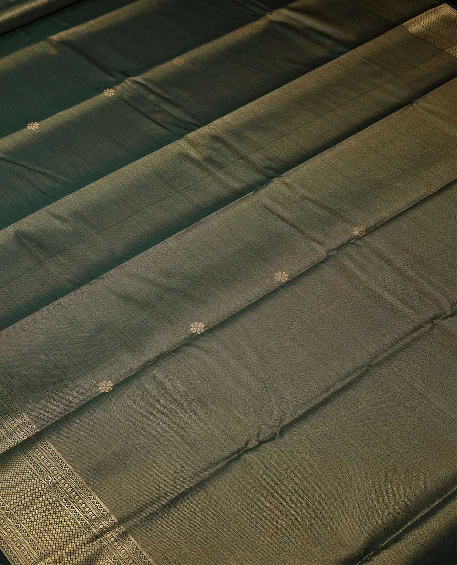 Dark Green Colour Tissue Saree having Golden Zari Worked Body with Self Coloured Border and Blouse