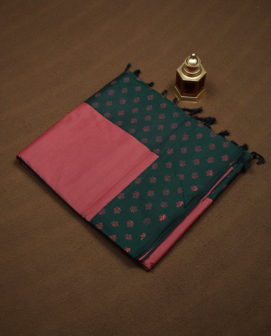Peach Colour Mixed Polycotton Saree having Plain Body with Dark Green Colour Border and Blouse