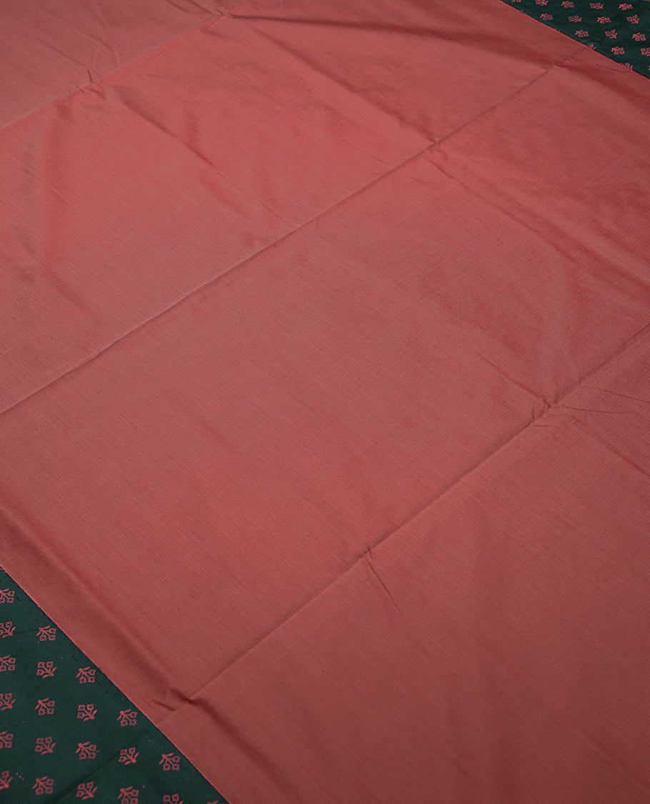 Peach Colour Mixed Polycotton Saree having Plain Body with Dark Green Colour Border and Blouse