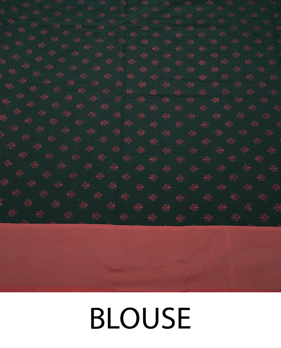 Peach Colour Mixed Polycotton Saree having Plain Body with Dark Green Colour Border and Blouse