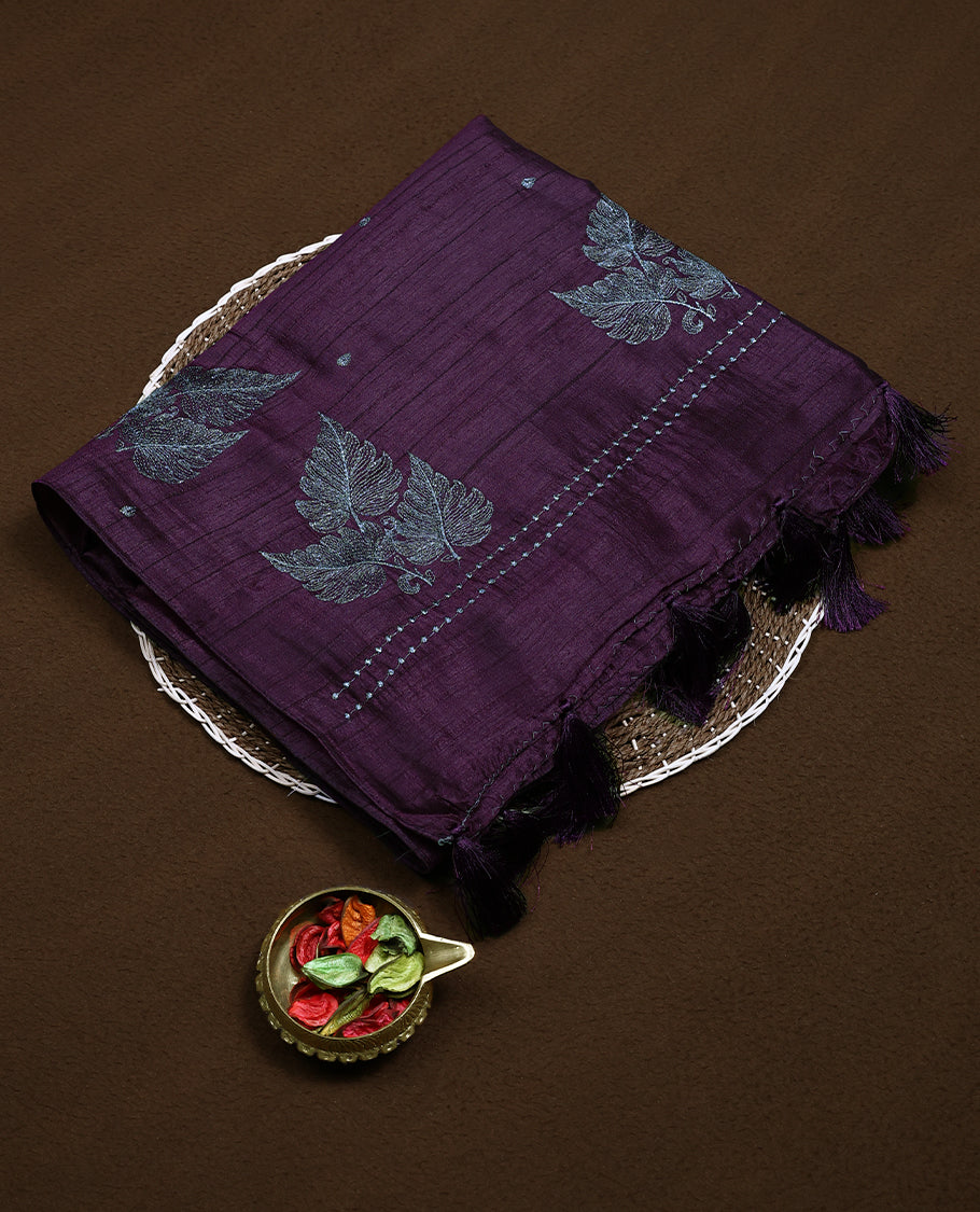 Dark Grape Colour Semi Tussar Saree having Silver Zari Worked Body and Blouse without Border