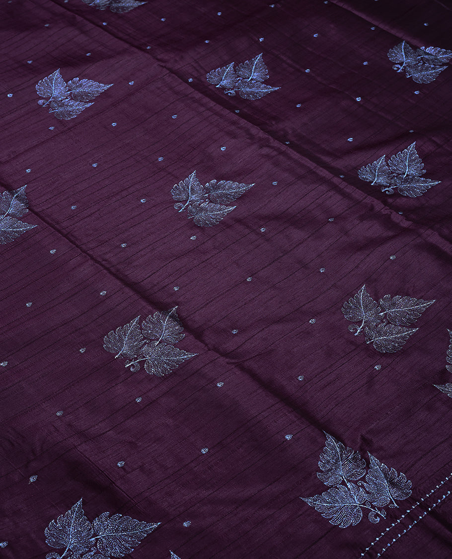 Dark Grape Colour Semi Tussar Saree having Silver Zari Worked Body and Blouse without Border
