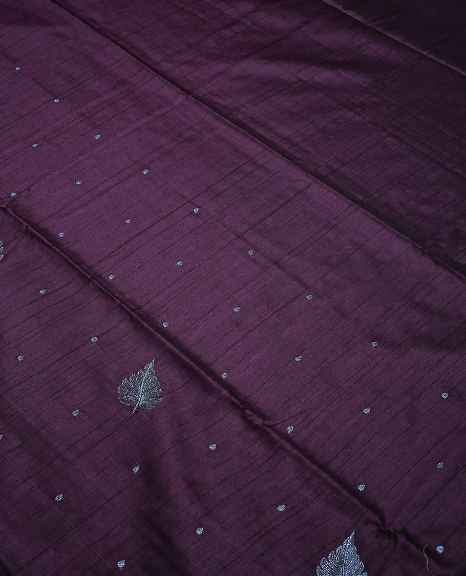 Dark Grape Colour Semi Tussar Saree having Silver Zari Worked Body and Blouse without Border