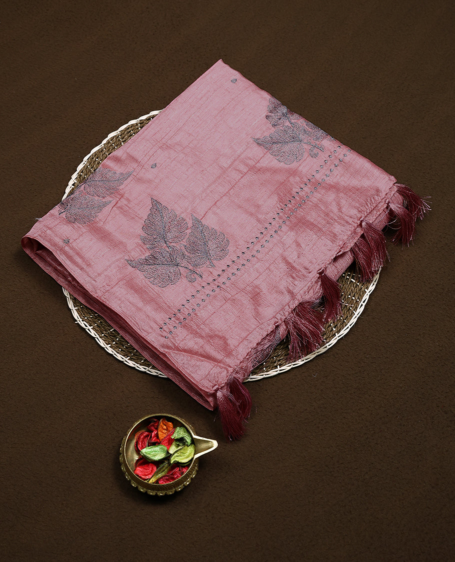 Peach Colour Semi Tussar Saree having Silver Zari Worked Body and Blouse without Border