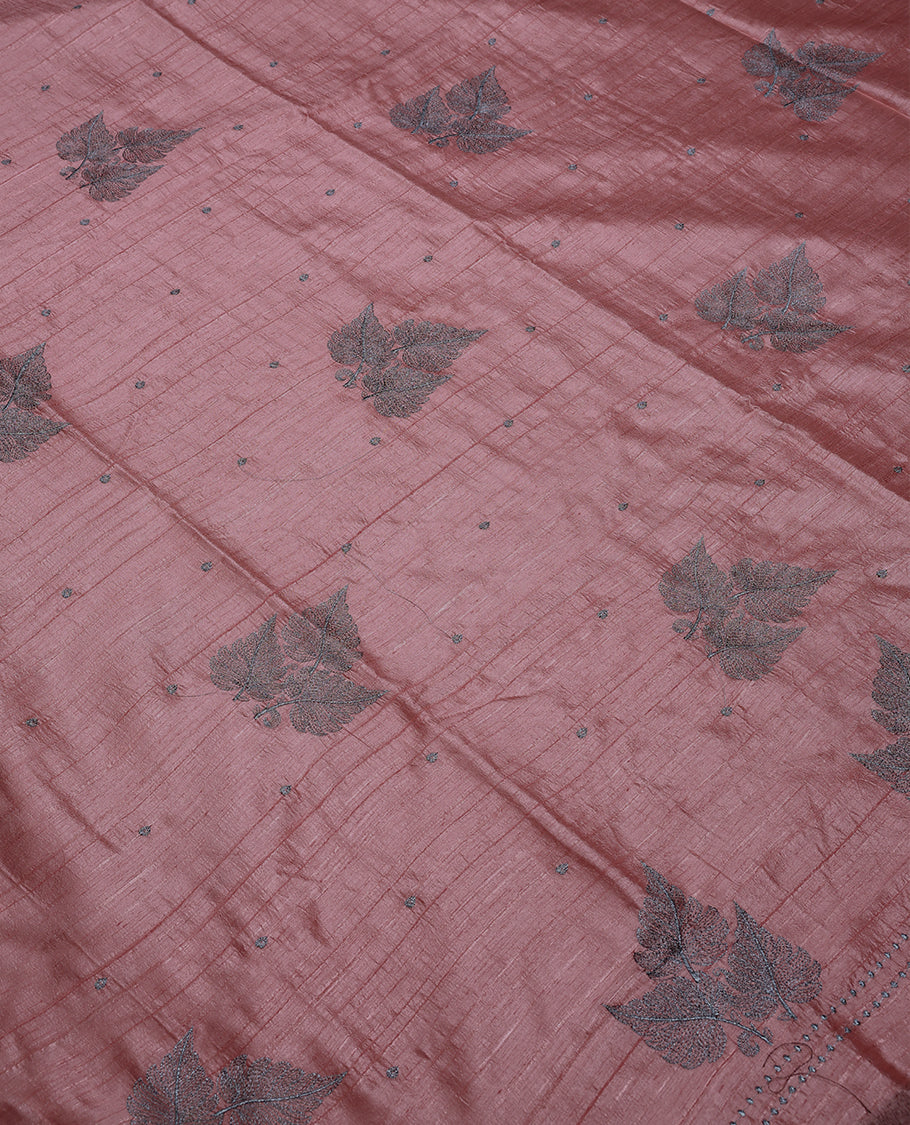 Peach Colour Semi Tussar Saree having Silver Zari Worked Body and Blouse without Border