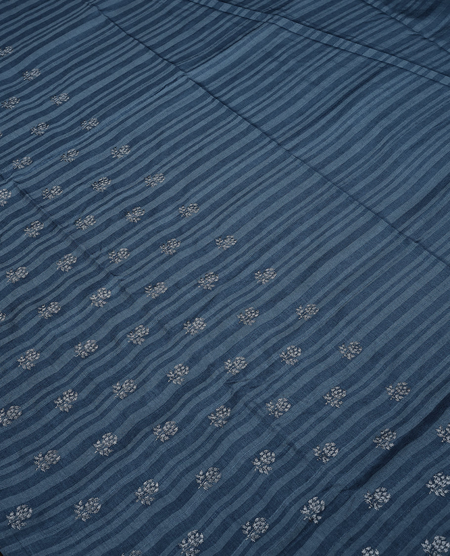 Blue Colour Semi Tussar Saree having Silver Zari Worked Body and Blouse without Border