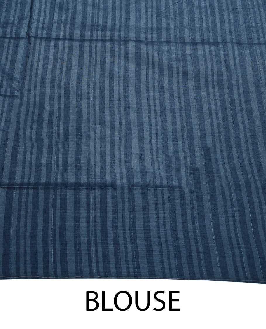 Blue Colour Semi Tussar Saree having Silver Zari Worked Body and Blouse without Border