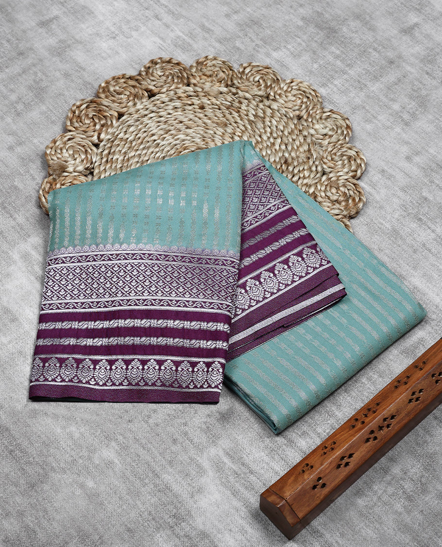 Baby Blue Colour Semi Banarasi Saree having Zari Worked Body with Contrast Colour Border and Blouse