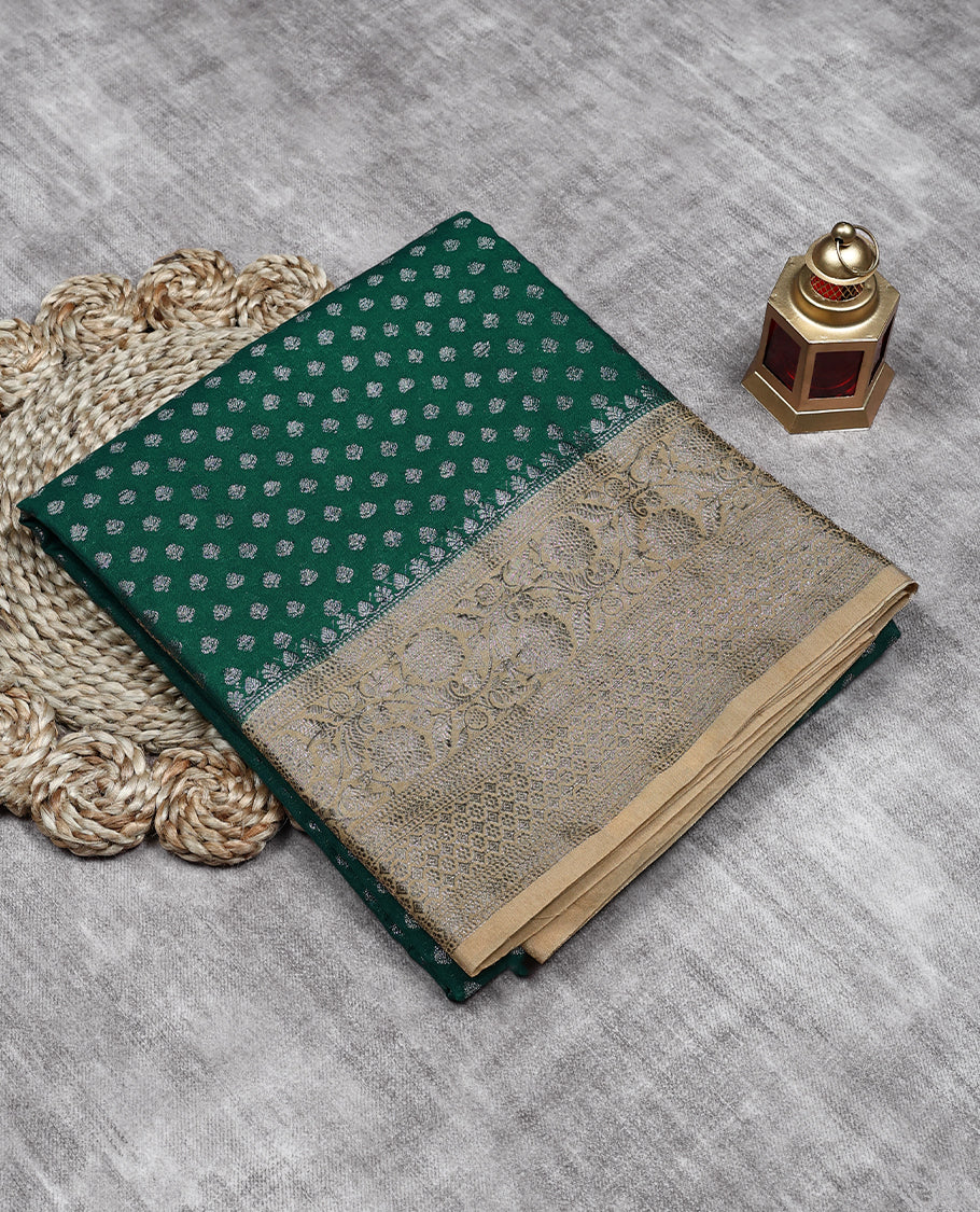 Green Colour Semi Banarasi Saree having Buttas in Body with Cream Colour Border and Blouse