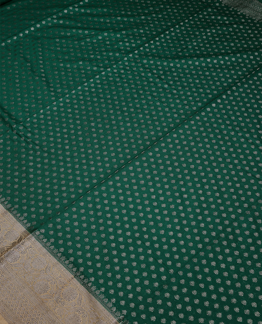 Green Colour Semi Banarasi Saree having Buttas in Body with Cream Colour Border and Blouse