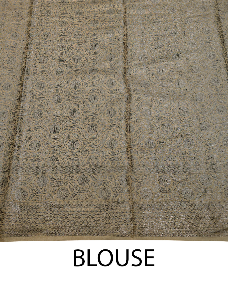 Green Colour Semi Banarasi Saree having Buttas in Body with Cream Colour Border and Blouse