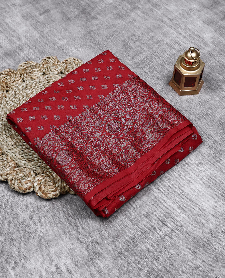 Chilli Red Colour Semi Banarasi Saree having Thread Work in Body with Self Colour Broacde Border and Blouse