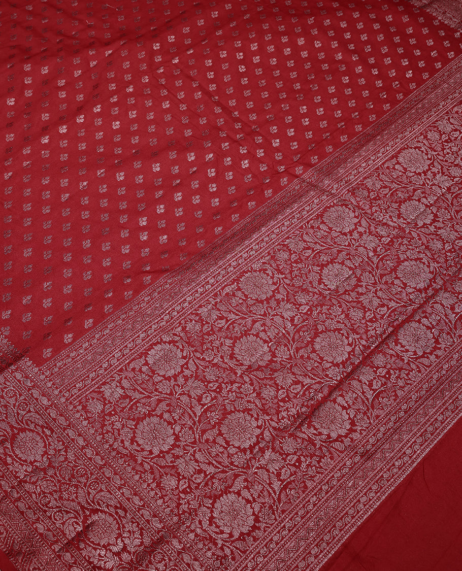 Chilli Red Colour Semi Banarasi Saree having Thread Work in Body with Self Colour Broacde Border and Blouse