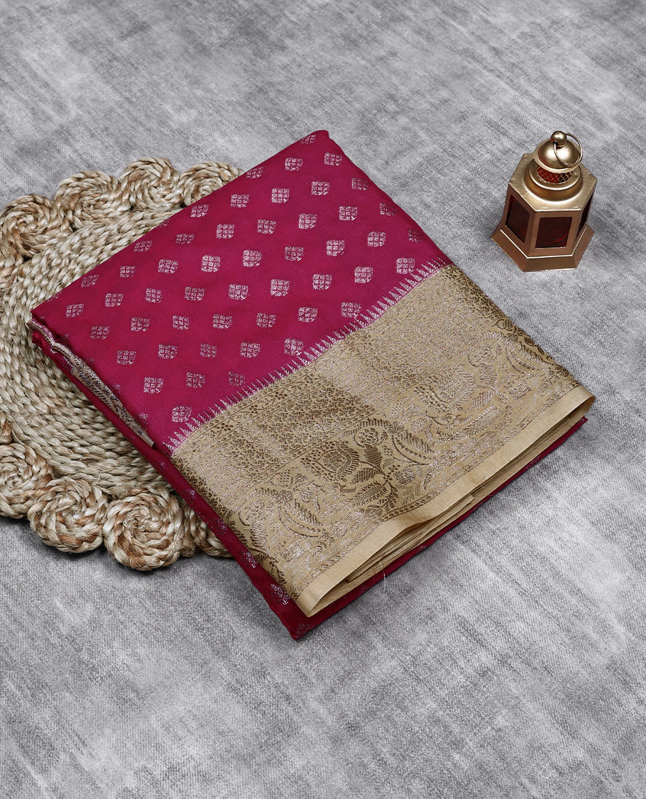 Magenta Colour Semi Banarasi Saree having Buttas in Body with Cream Colour Border and Blouse