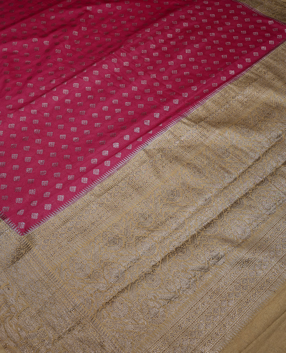 Magenta Colour Semi Banarasi Saree having Buttas in Body with Cream Colour Border and Blouse