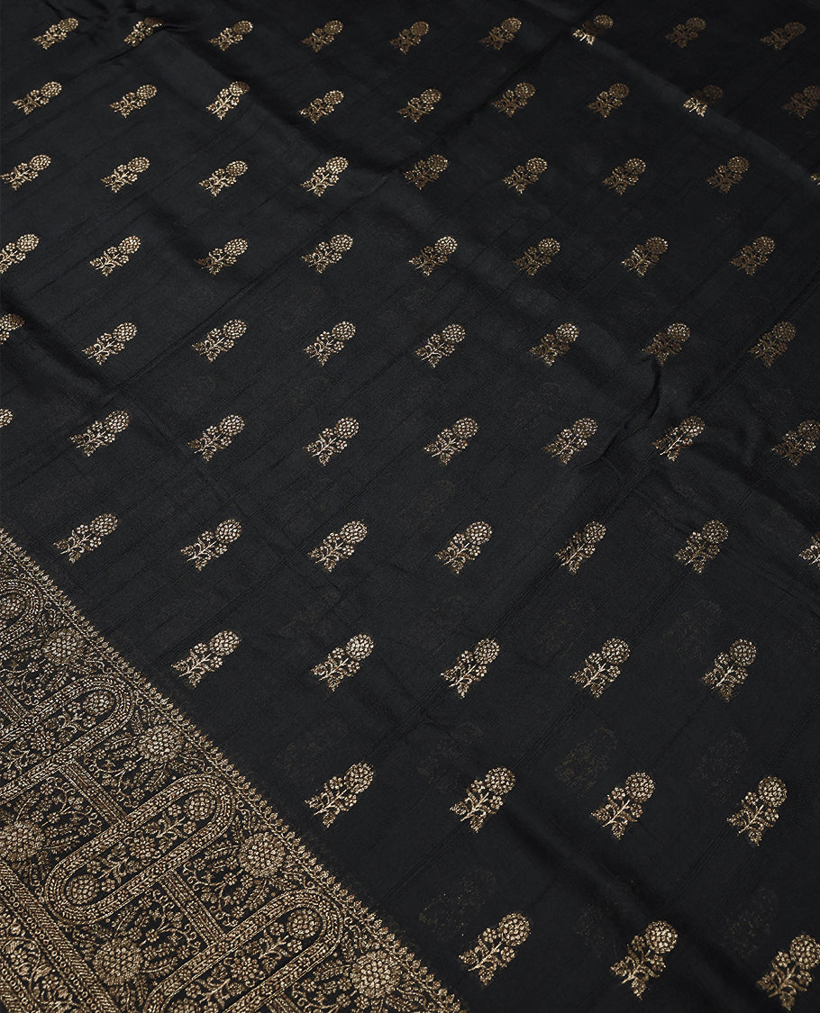 Pure Black Colour Semi Banarasi Saree having Flower Thread Work in Body with Border and Blouse