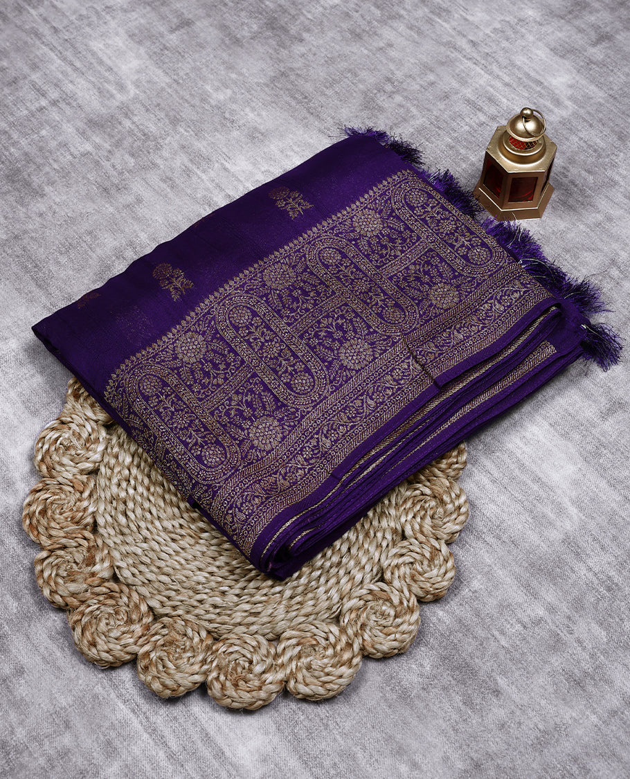 Dark Violet Colour Semi Banarasi Saree having Flower Thread Work in Body with Border and Blouse