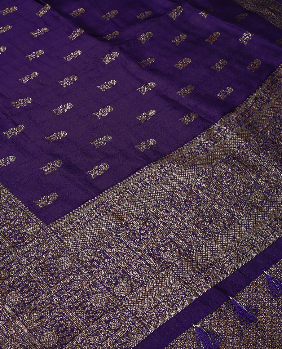 Dark Violet Colour Semi Banarasi Saree having Flower Thread Work in Body with Border and Blouse
