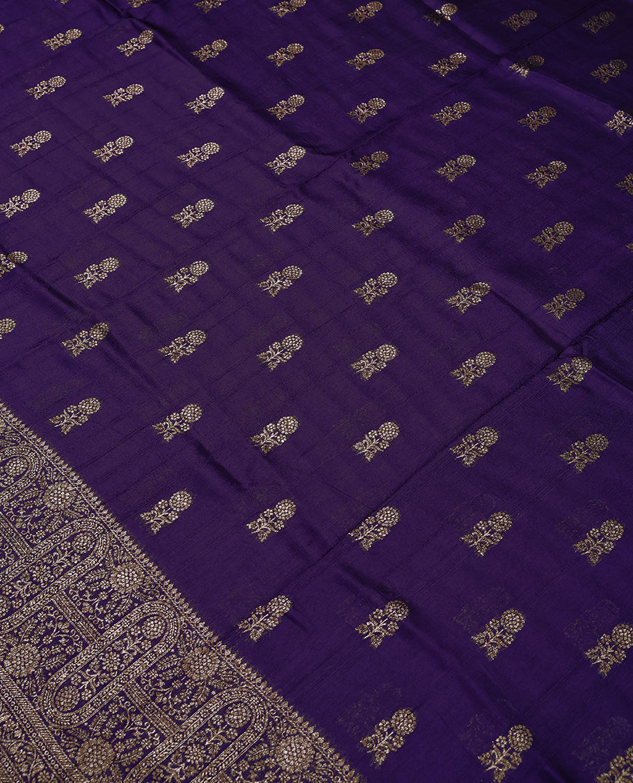 Dark Violet Colour Semi Banarasi Saree having Flower Thread Work in Body with Border and Blouse