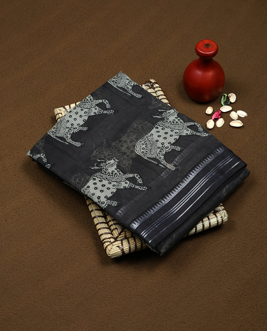 Black Colour Maheshwari Saree having Prints in Entire Body with Border and Self Coloured Blouse