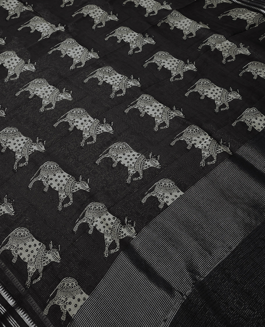 Black Colour Maheshwari Saree having Prints in Entire Body with Border and Self Coloured Blouse