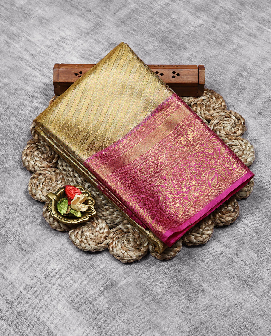 Golden Colour Art Tissue Saree having Slanting Lines in Body with Magenta Colour Border and Blouse