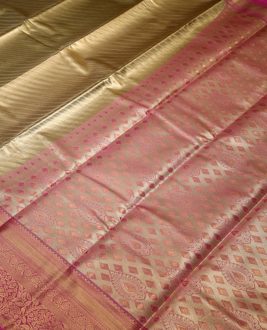 Golden Colour Art Tissue Saree having Slanting Lines in Body with Magenta Colour Border and Blouse
