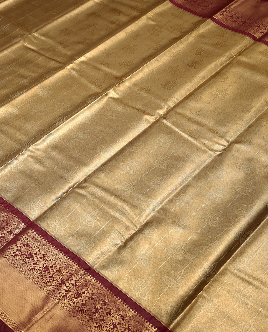 Golden Colour Art Tissue Saree having Flower Work in Body with Maroon Colour Border and Blouse