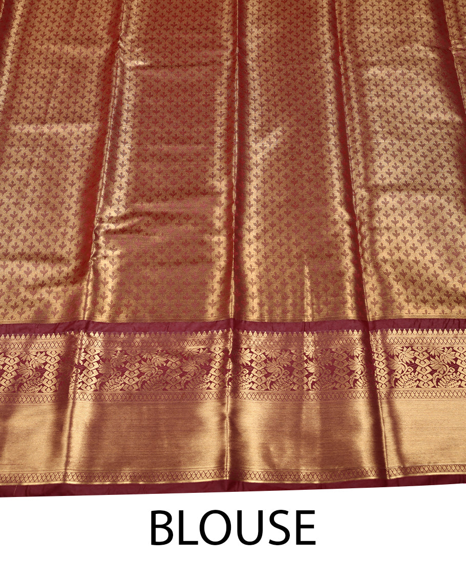 Golden Colour Art Tissue Saree having Flower Work in Body with Maroon Colour Border and Blouse