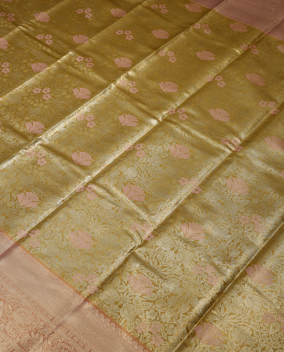 Golden Colour Art Tissue Saree having Flower Thread Work in Body with Contrast Border and Blouse