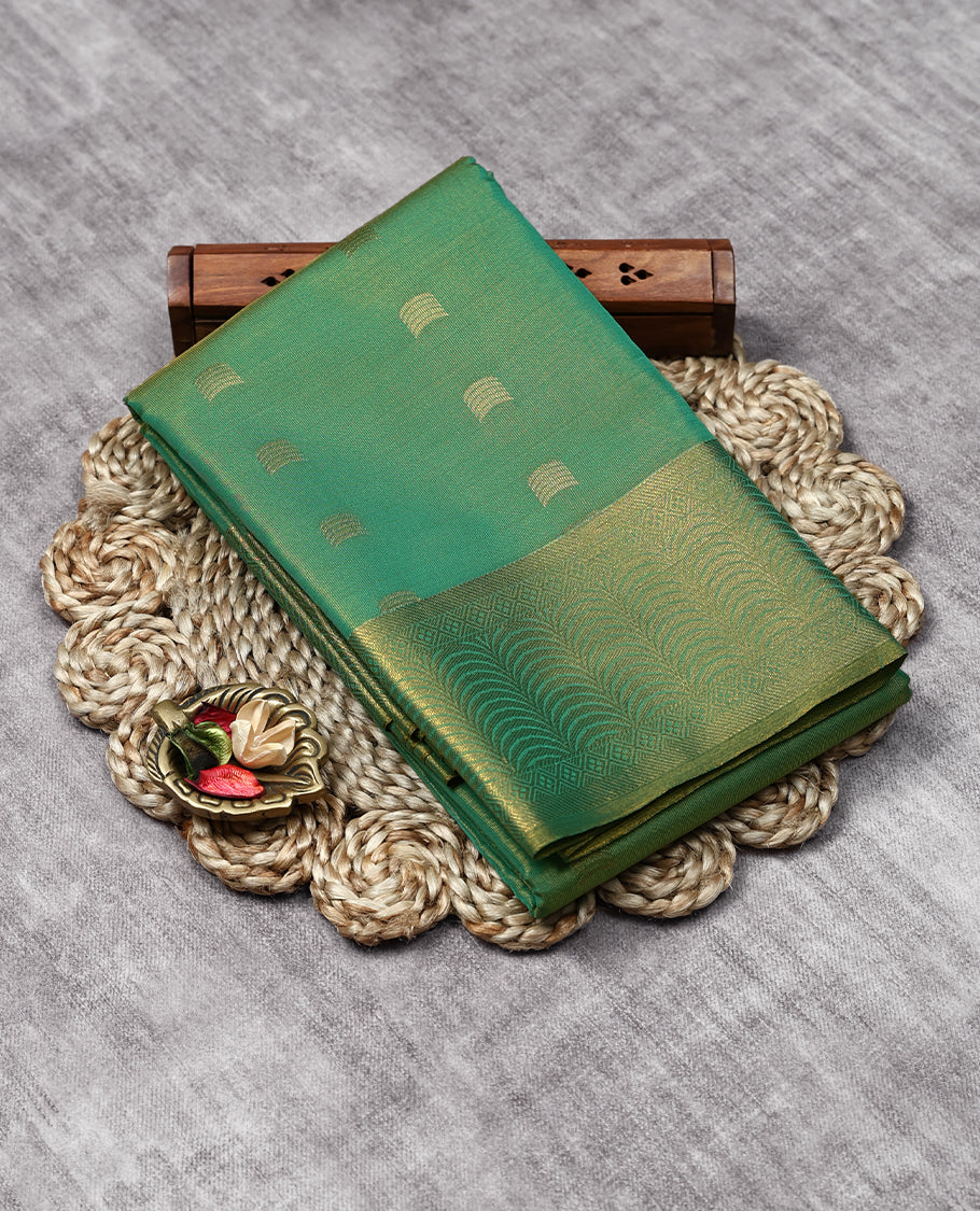 Light Green Colour Art Tissue Saree having Golden Buttas in Body with Golden Border and Contrast Colour Blouse