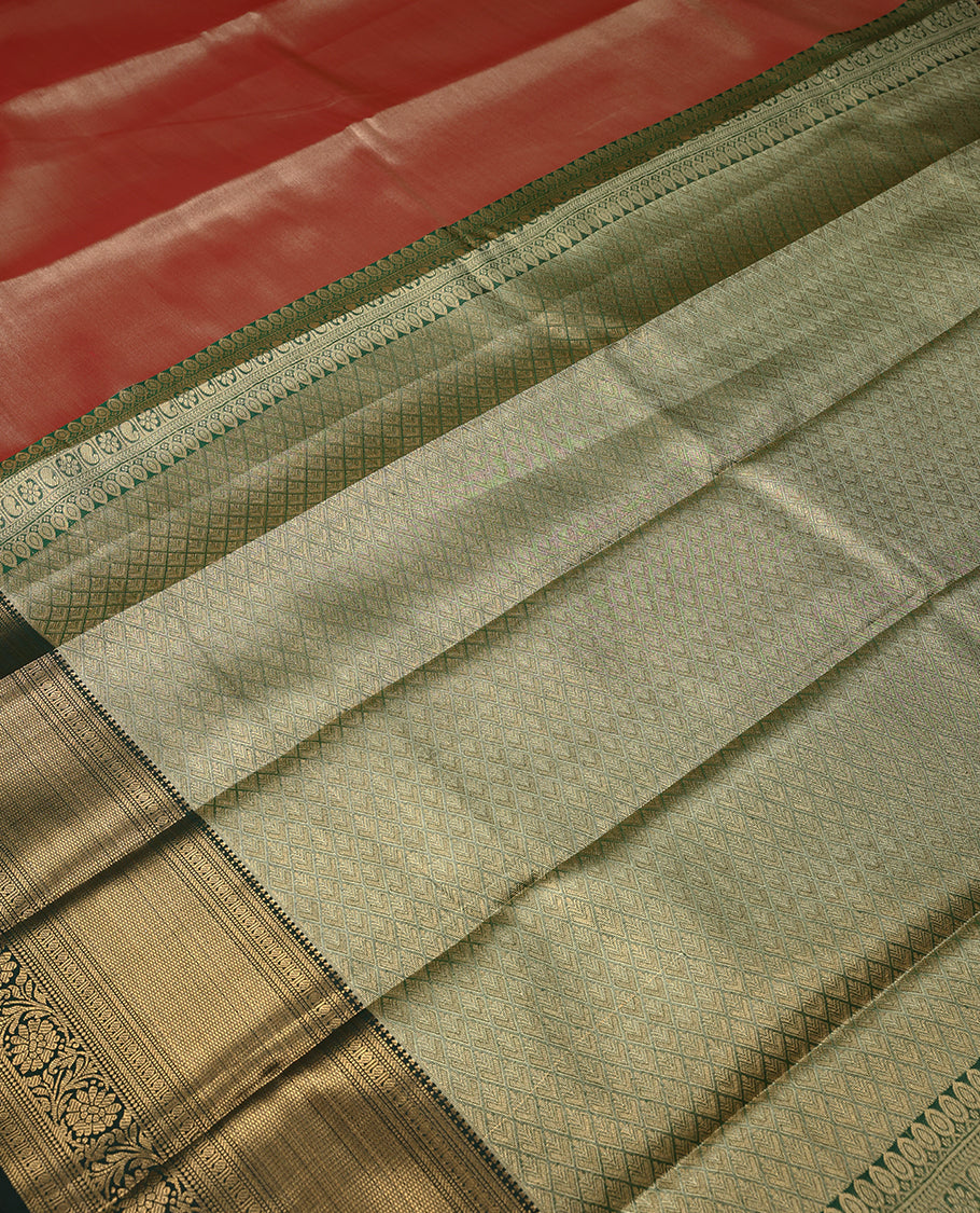 Red Colour Art Tissue Saree having Plain Body with Dark Green Colour Border and Blouse