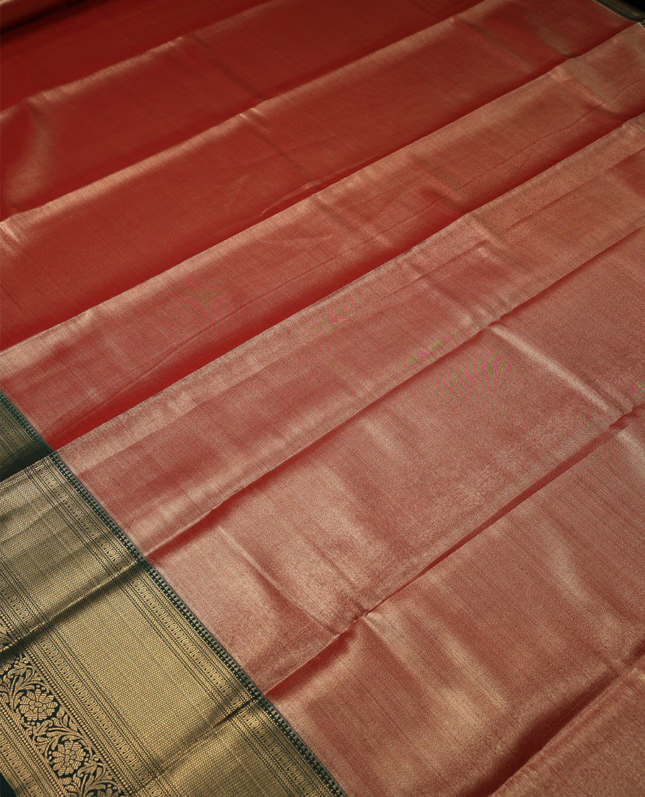 Red Colour Art Tissue Saree having Plain Body with Dark Green Colour Border and Blouse