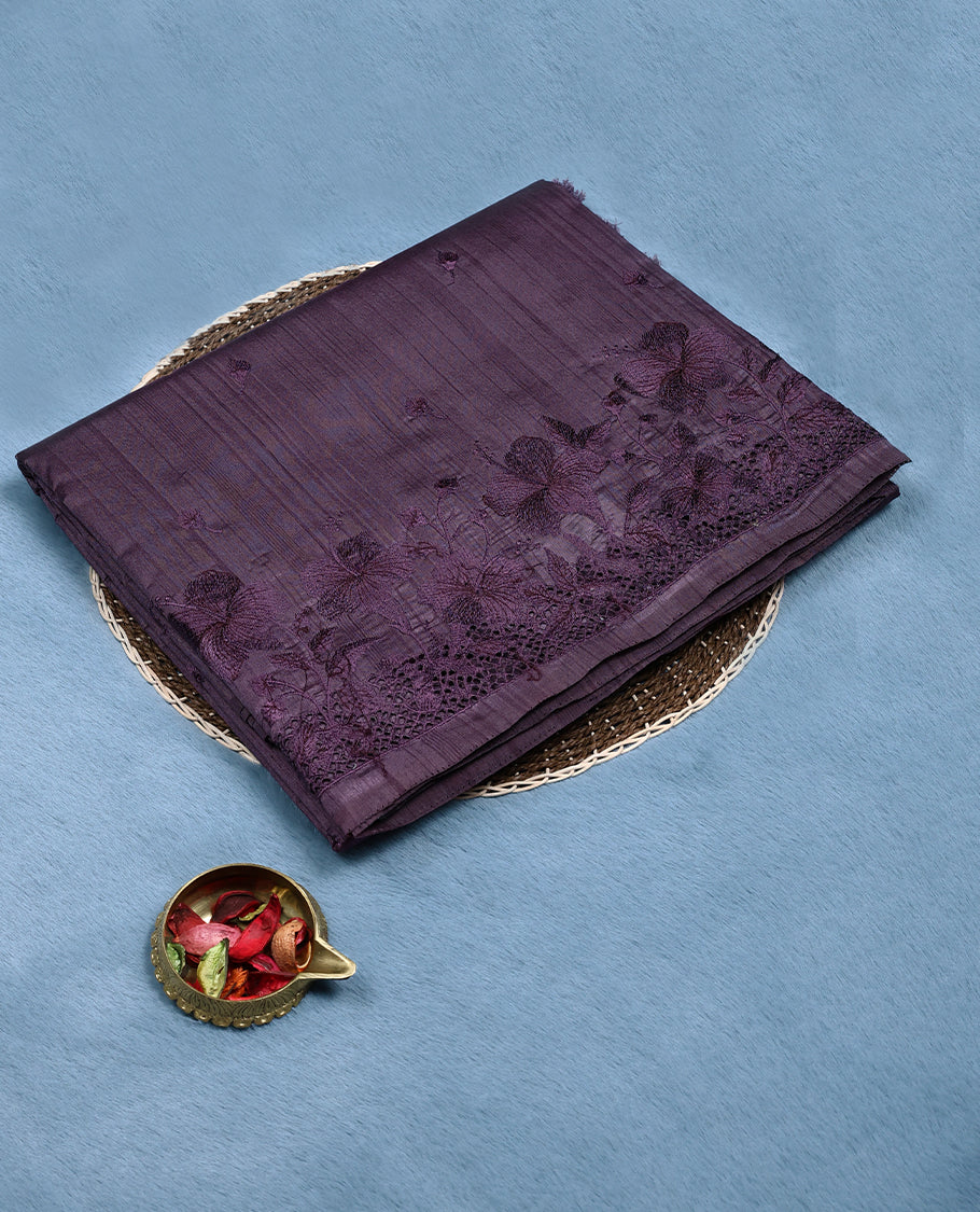 Grape Wine Colour Semi Tussar Saree having Flower Thread Worked Body with Self Coloured Border and Blouse
