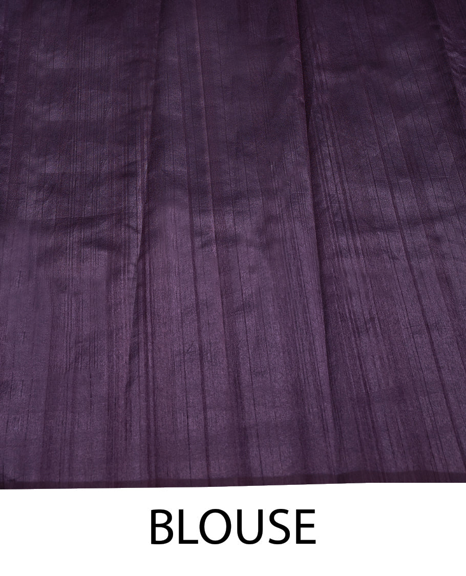 Grape Wine Colour Semi Tussar Saree having Flower Thread Worked Body with Self Coloured Border and Blouse