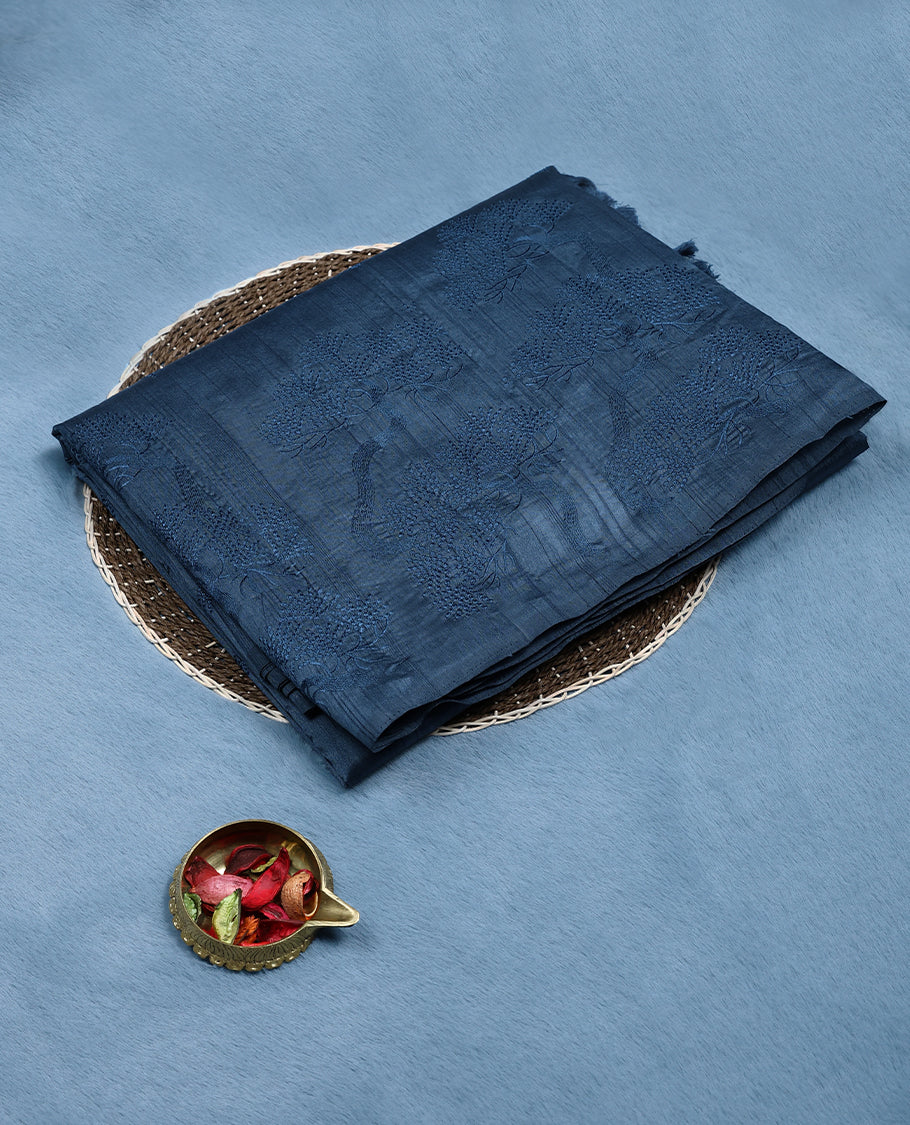 Cobalt Blue Colour Semi Tussar Saree having Embroidery Worked Body with Self Coloured Border and Blouse