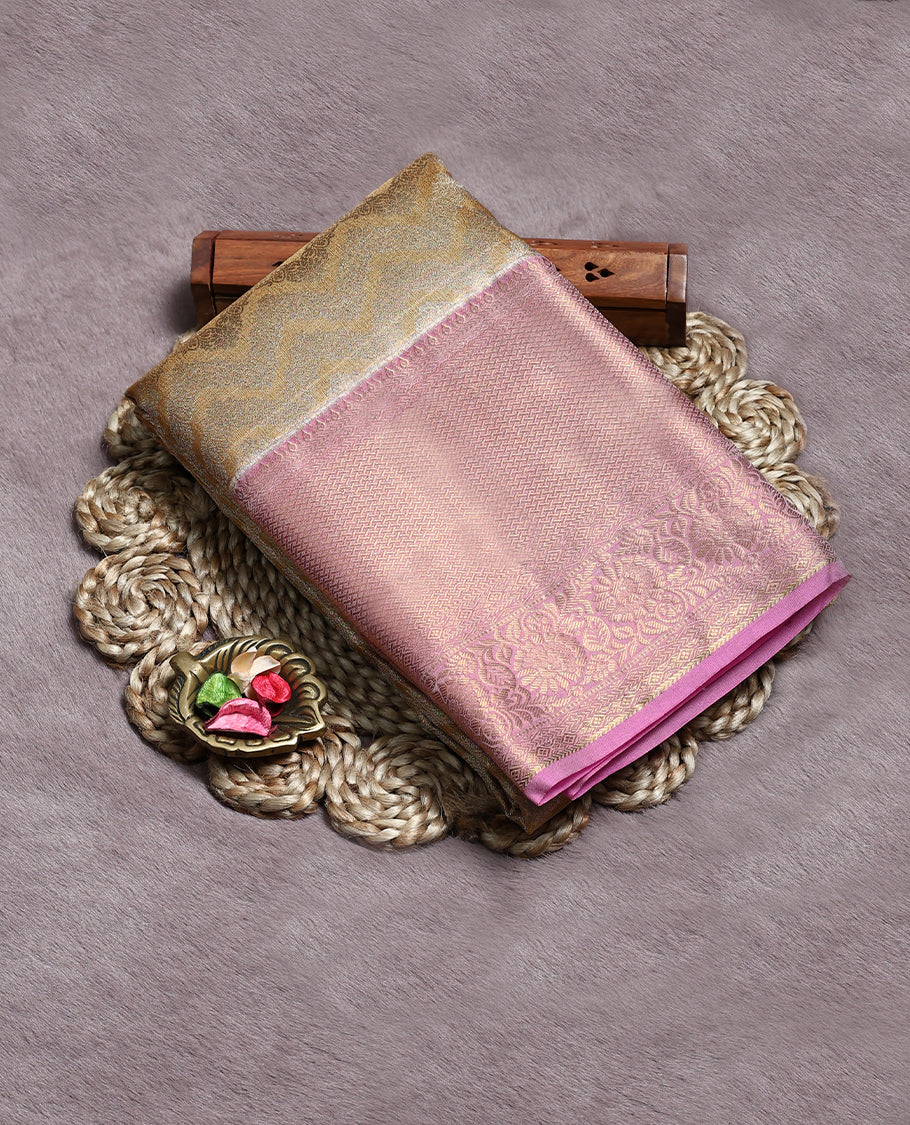 Golden Colour Art Tissue Saree having Zari Worked Body with Light Pink Colour Brocade Border and Blouse