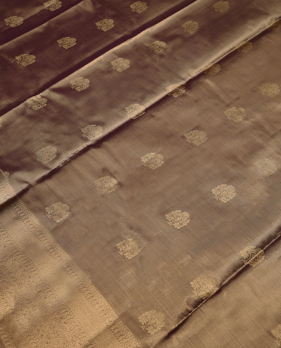 Copper Colour Art Tissue Saree having Golden Zari Worked Body with Brocade Border and Self Coloured Blouse
