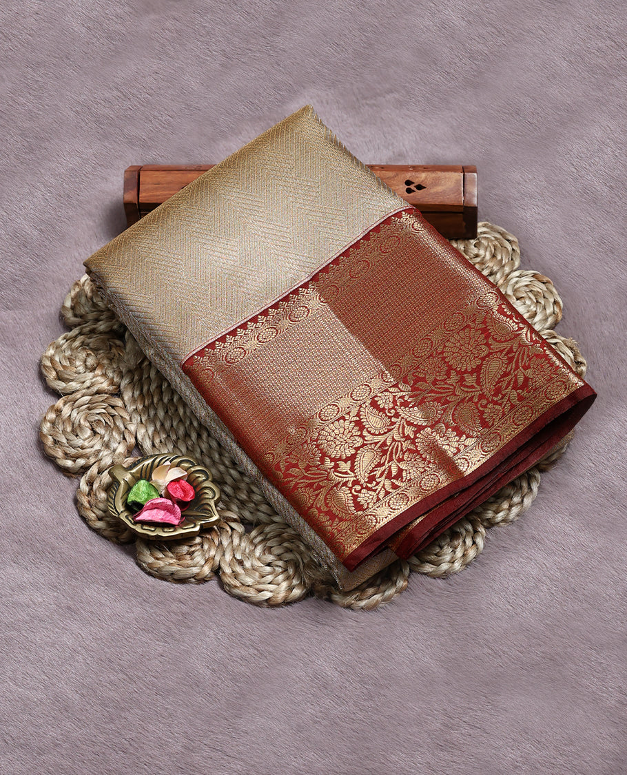 Golden and Silver Colour Art Tissue Saree having Zari Worked Body with Maroon Colour Border and Blouse