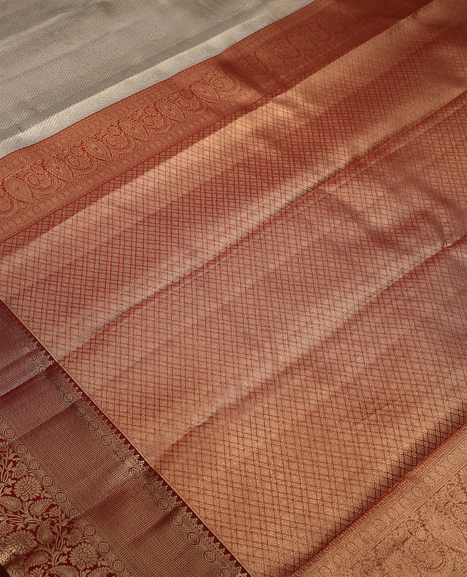 Golden and Silver Colour Art Tissue Saree having Zari Worked Body with Maroon Colour Border and Blouse