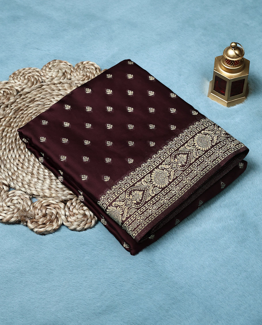 Chocolate Colour Semi Crepe Banaras Saree having Golden Buttas in Body with Traditional Border and Self Coloured Blouse