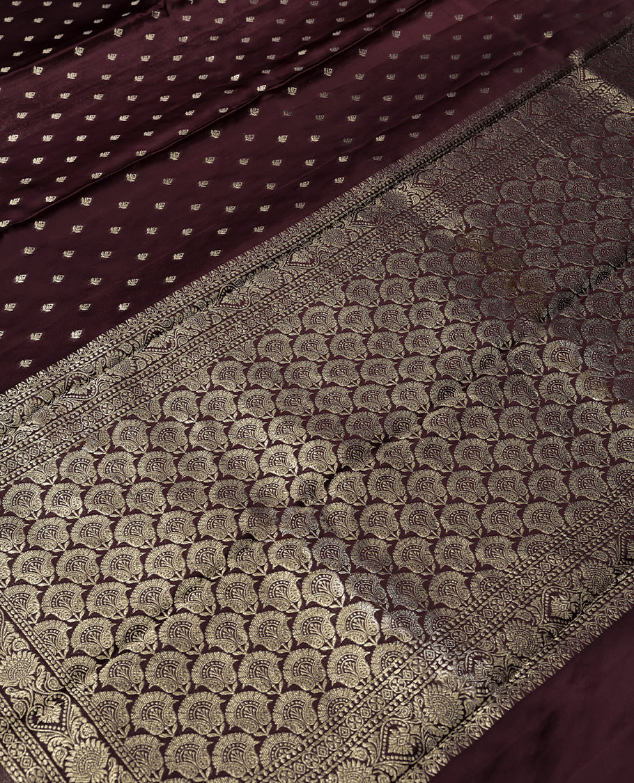 Chocolate Colour Semi Crepe Banaras Saree having Golden Buttas in Body with Traditional Border and Self Coloured Blouse