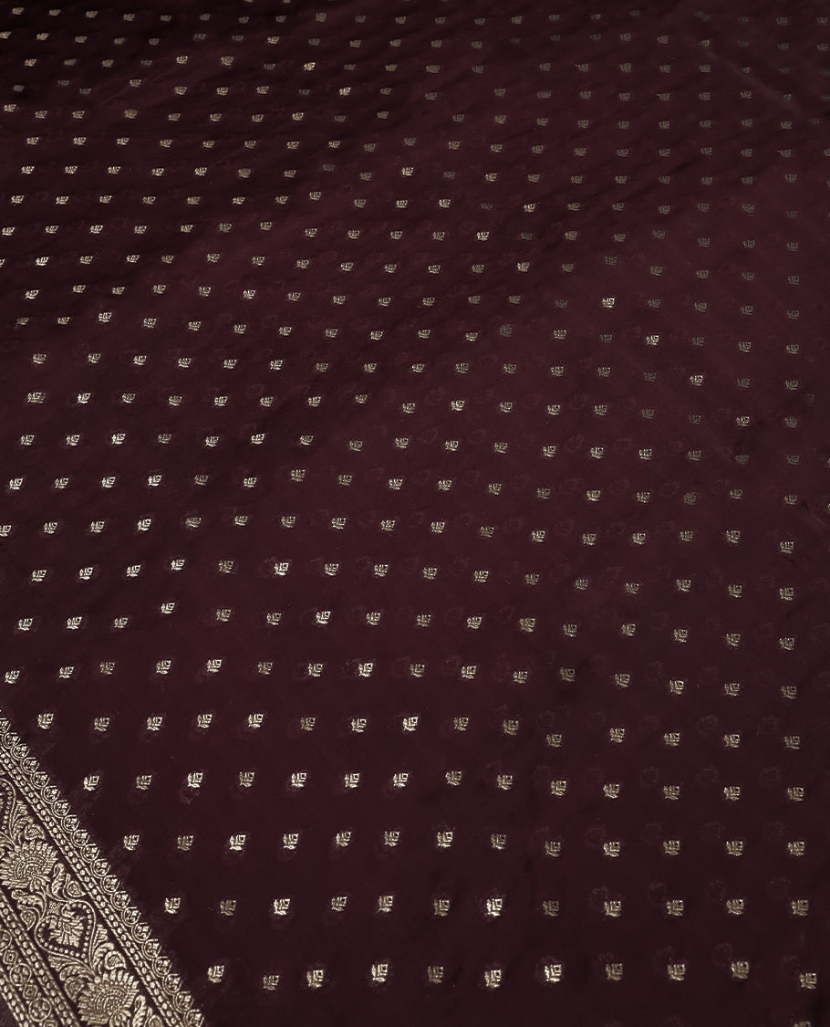 Chocolate Colour Semi Crepe Banaras Saree having Golden Buttas in Body with Traditional Border and Self Coloured Blouse